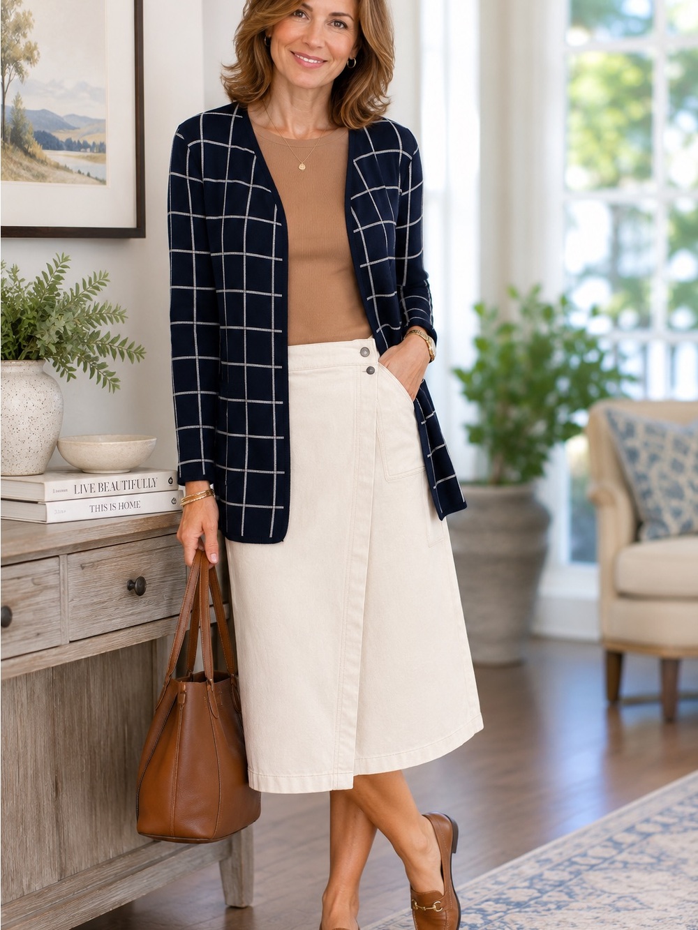 Charter Club Navy Windowpane Cardigan & Gibson Latimer Cream Denim Wrap Skirt